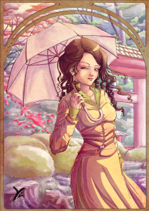 Fille au parapluie et jardin asiatique