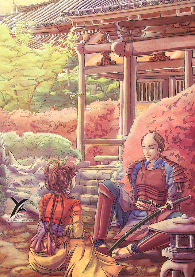 jardin et samouraï - illustration de jardin asiatique