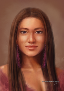 Charadesign d'un personnage du jeu de rôle Vampire La Mascarade : Ecila Jones, portrait en peinture numérique. Lila - avant "l'étreinte", avant de devenir une vampire.