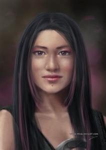 Charadesign d'un personnage du jeu de rôle Vampire La Mascarade : Ecila Jones, dite "Lila", portrait en peinture numérique. Ici après l'étreinte, une fois transformée en vampire.