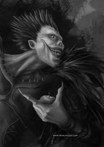 Ryuuku - shinigami mangeur de pomme - dessin en niveau de gris