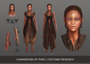 Phaé, charadesign : recherches de costumes planche 1