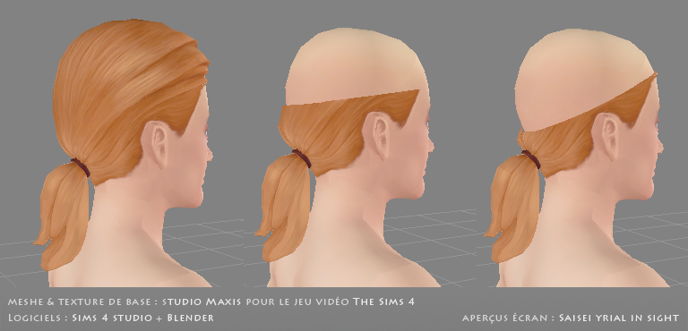 Aperçus des trois meshes avec texture pour une coiffure donnée | The Sims 4 | coiffure masculine "pony tail" du jeu de base