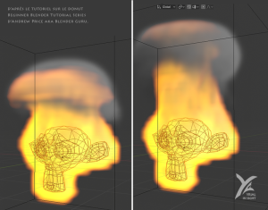 Mesh 3D sous Blender, animation fumée et feu