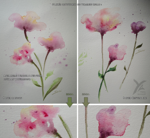 Fleurs à l'aquarelle, exercices en loose watercolor ou peinture directe - vue générale et zoom sur quelques détails - Winsor & Newton