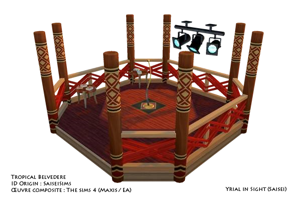 La pièce de construction "Tropical Belvedere", couleurs rouge et bois clair, telle que présentée en miniature dans la galerie Origin pour le jeu vidéo The Sims 4