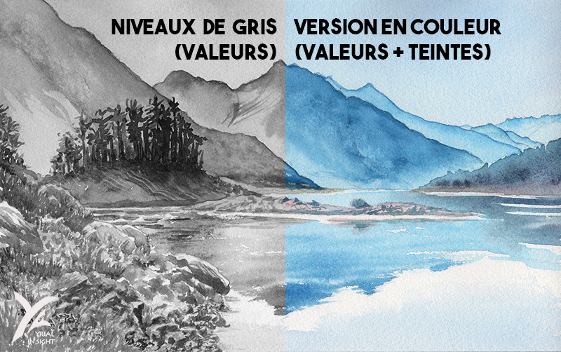 aquarelle de paysage : à gauche en valeurs (en niveaux de gris) versus à droite en couleurs (valeurs + teintes)