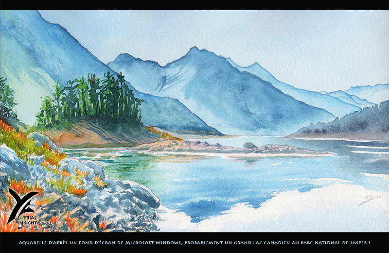 Étude à l'aquarelle, paysage de lac en montagne, vue de jour.
