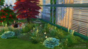 Zone humide en construction 3D dans l'interface du jeu vidéo The Sims 4 : un petit étang à proximité d'un musée, le Saisei Q Museum