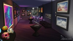 jeu vidéo Les Sims 4 : Saisei Q Museum, exposition sur l'espace, photographies du ciel nocturne, build de SaiseiSims