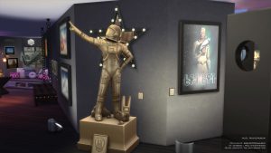 jeu vidéo Les Sims 4 : Saisei Q Museum, exposition sur l'espace, statue inspirant la confiance, build de SaiseiSims