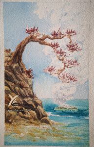 Illustration d'un arbre couché par le vent sur un îlot rocheux, éruption volcanique en arrière-plan. aquarelle avec le kit La Petite Aquarelle de Sennelier !