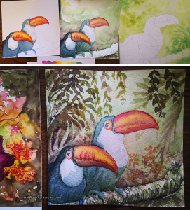 step-by-step pour un couple de toucans dans la jungle, aquarelle.