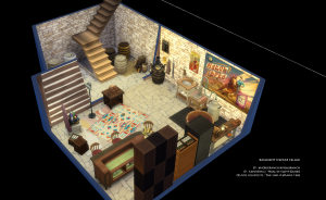 cellier et bar, pièce construite et jouable dans le jeu vidéo Les Sims 4. Par SaiseiSims.