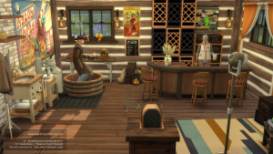 aperçu en jeu : cellier et bar, pièce construite et jouable dans le jeu vidéo Les Sims 4. Par SaiseiSims.