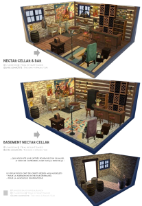 celliers et bar, pièces construites et jouables dans le jeu vidéo Les Sims 4. Par SaiseiSims.