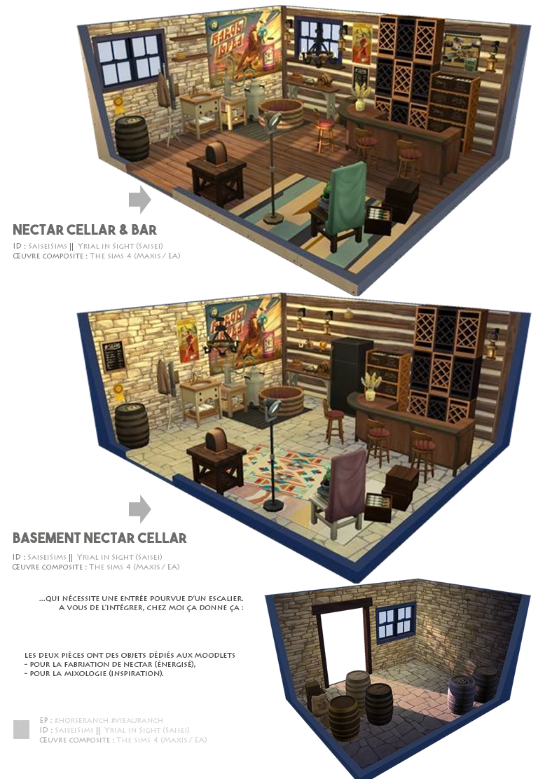 Builds 3D jouables dans les Sims 4 : des celliers pour la fabrication de nectar avec l'extension Vie au Ranch. Jeu de base + EP Vie au Ranch par SaiseiSims.