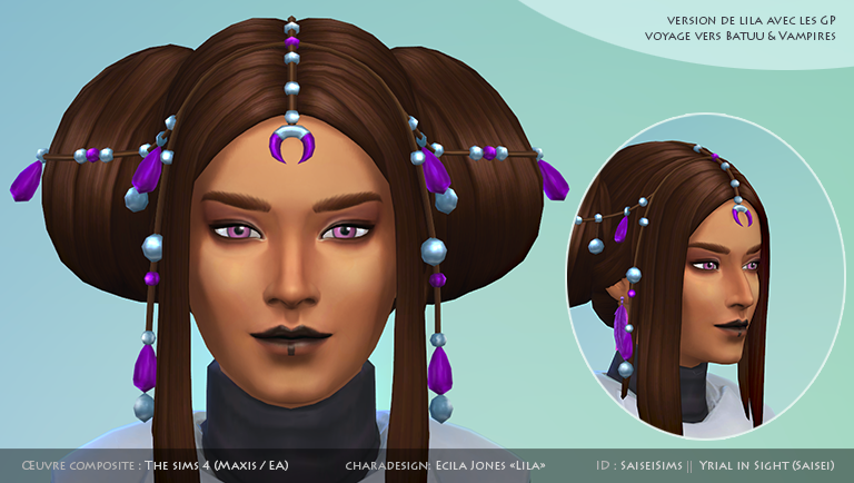 Charadesign d'un personnage du jeu de rôle Vampire La Mascarade, revu dans le CUS du jeu vidéo Les Sims 4 : Lila en costume avec Batuu et Vampires !