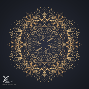 mandala évoquant des fleurs, incluant une symétrie centrale et axiale, avec un effet de spirale