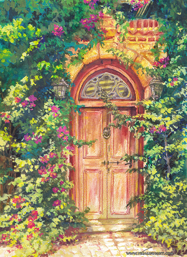 Peinture traditionnelle représentant une vieille porte dont la peinture s'écaille ; encadrée par la végétation brillante au soleil, la pierre de la façade et le bois de l'encadrure semblent s'éclipser.