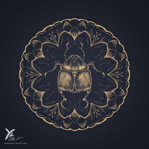 scarabée vu de dessus, au centre d'un mandala