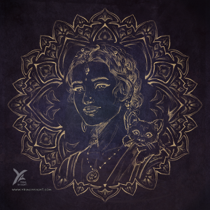 dessin numérique, sanguine pour un mandala entourant un portrait féminin : Moira et son raton-laveur Pyâra !