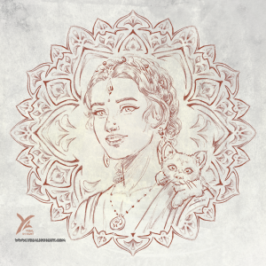 dessin numérique, sanguine pour un mandala entourant un portrait féminin : Moira et son raton-laveur Pyâra !
